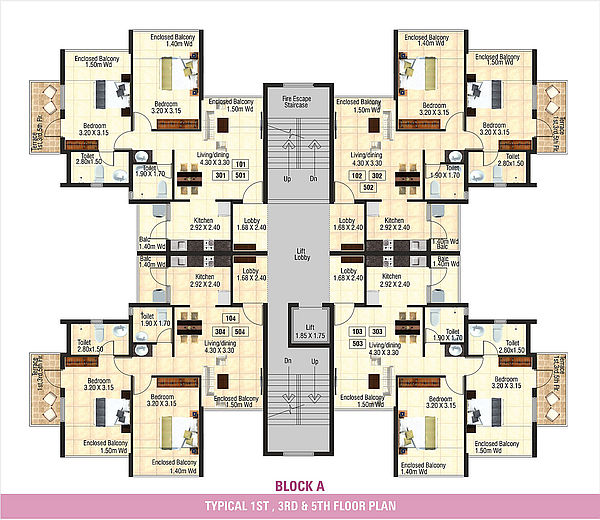 Block A - Typical 1st, 3rd and 5th Floor Plan